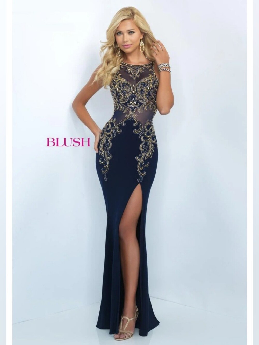 Navy Gown with Gold Beaded Embellishment